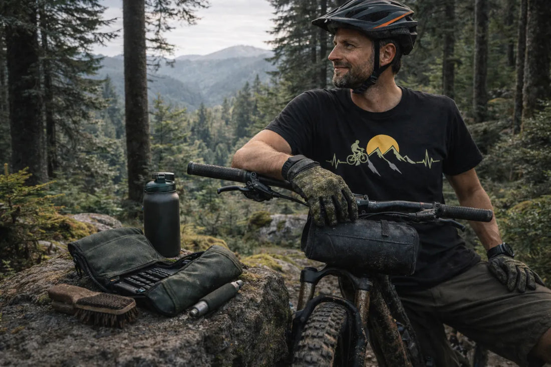 Mountainbiker im Schwarzwald mit MTB auf einem Waldtrail, trägt schwarzes Herzschlag-Mountainbike-T-Shirt – Geschenkidee für MTB-Fans.