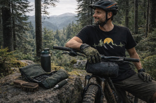 Mountainbiker im Schwarzwald mit MTB auf einem Waldtrail, trägt schwarzes Herzschlag-Mountainbike-T-Shirt – Geschenkidee für MTB-Fans.