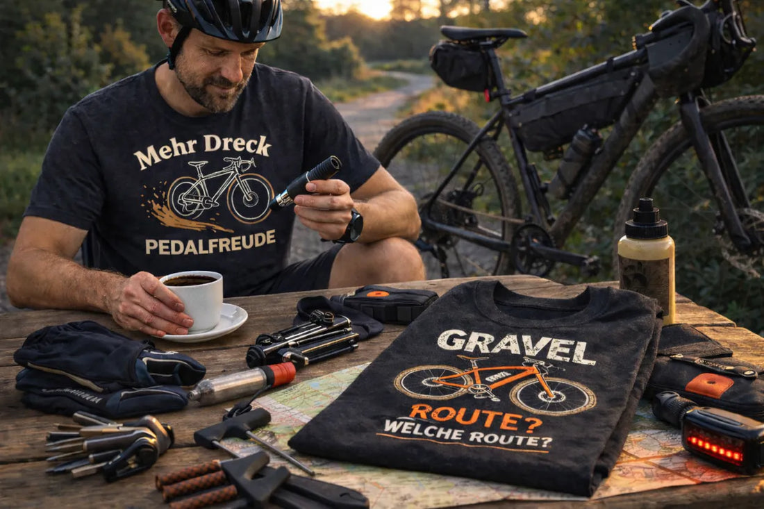 „Lifestyle-Foto: Gravelbiker sitzt am Tisch mit einer Tasse Kaffee und trägt ein Pedalfreude T-Shirt mit dem Print ‚Mehr Dreck, Mehr Grinsen‘ (kleiner und tiefer platziert).“