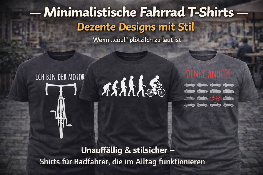 Drei minimalistische Fahrrad T-Shirts mit den Designs „Ich bin der Motor“, Evolution zum Radfahrer und „Denke anders“ vor unscharfer Café-Kulisse.