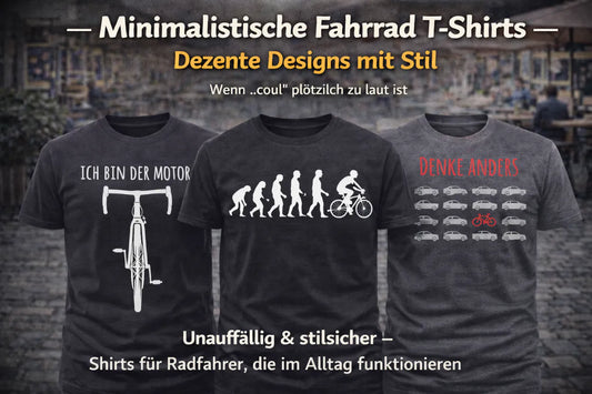 Drei minimalistische Fahrrad T-Shirts mit den Designs „Ich bin der Motor“, Evolution zum Radfahrer und „Denke anders“ vor unscharfer Café-Kulisse.