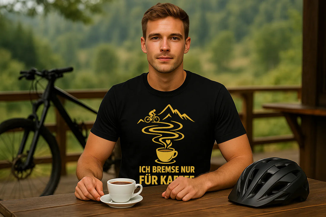 Mann in schwarzem T-Shirt mit goldfarbenem Aufdruck „Ich bremse nur für Kaffee“ sitzt auf einer Holzterrasse mit einer Tasse Kaffee, Fahrrad im Hintergrund und Helm auf dem Tisch – Outdoor-Lifestyle für Radfahrer.