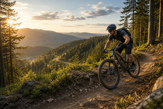 Mountainbiker auf einem Naturtrail im Schwarzwald bei warmem Abendlicht