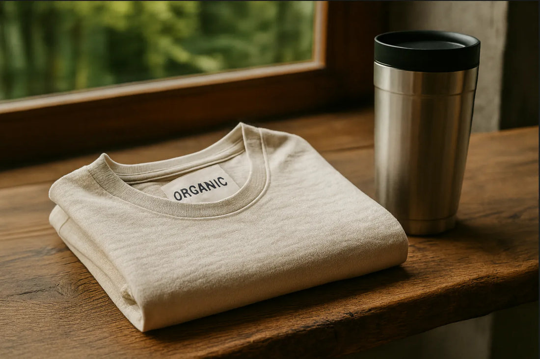 Nachhaltiges Bio-Baumwoll-Fahrradshirt am Fenster mit Blick ins Grüne – inspiriert vom Radfahren in den Alpen und der Verbindung von Natur und Freiheit