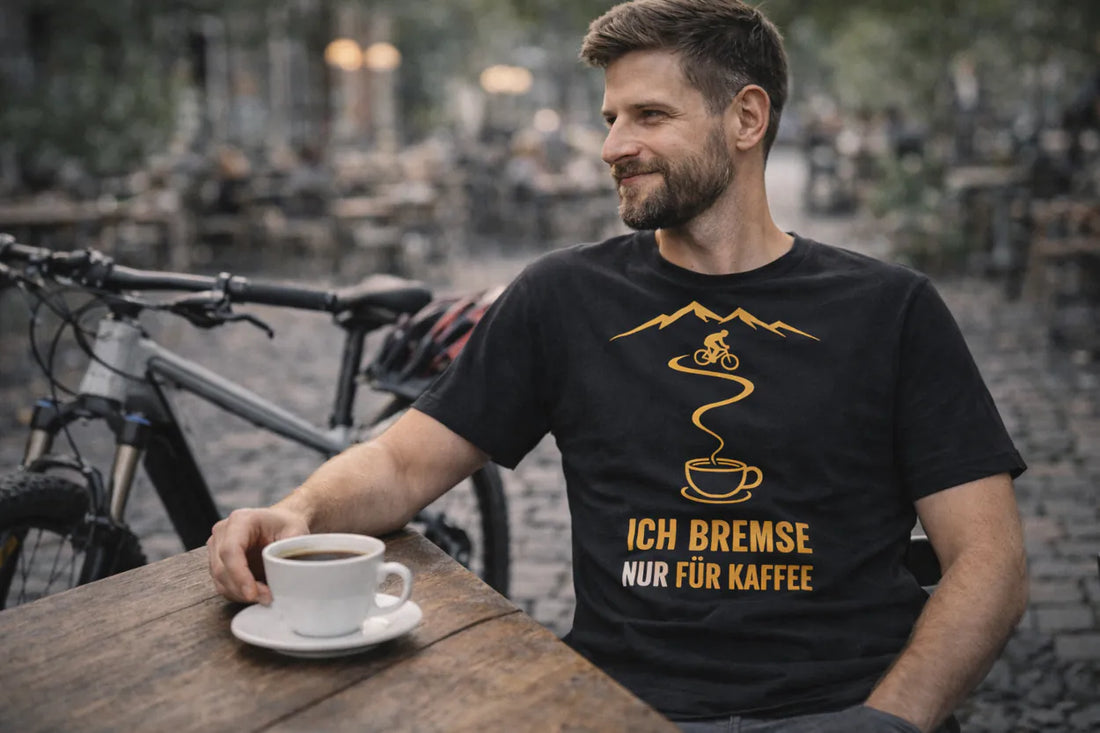 Mann sitzt nach der Radtour im Straßencafé mit Kaffee und Fahrrad im Hintergrund und trägt ein schwarzes T-Shirt mit dem Motiv „Ich bremse nur für Kaffee“.