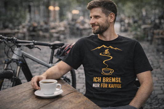 Mann sitzt nach der Radtour im Straßencafé mit Kaffee und Fahrrad im Hintergrund und trägt ein schwarzes T-Shirt mit dem Motiv „Ich bremse nur für Kaffee“.