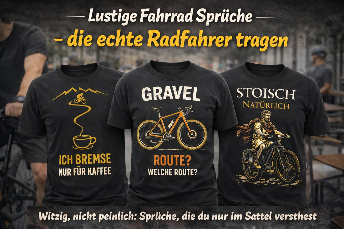 Drei schwarze Fahrrad-T-Shirts mit humorvollen Sprüchen (Kaffee, Gravel, Stoisch/E-Bike) vor urbaner Café-Kulisse – Motiv-Vorschau für Radfahrer.