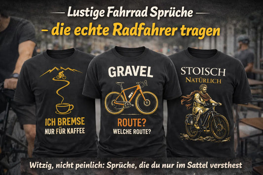 Drei schwarze Fahrrad-T-Shirts mit humorvollen Sprüchen (Kaffee, Gravel, Stoisch/E-Bike) vor urbaner Café-Kulisse – Motiv-Vorschau für Radfahrer.