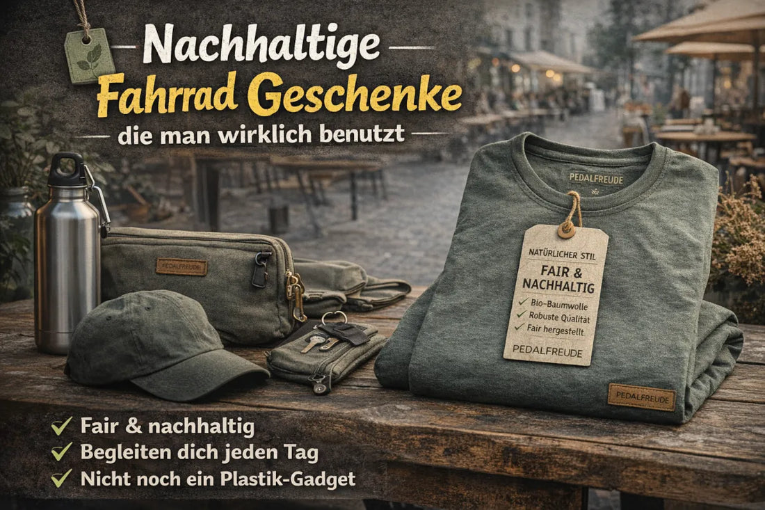 Gefaltetes nachhaltiges Fahrrad-T-Shirt als Geschenkidee auf Holztisch im urbanen Café-Setting – Fokus auf fairer Produktion, Bio-Baumwolle und Alltagstauglichkeit.