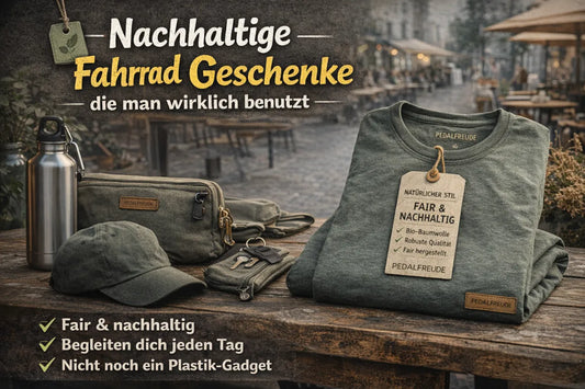 Gefaltetes nachhaltiges Fahrrad-T-Shirt als Geschenkidee auf Holztisch im urbanen Café-Setting – Fokus auf fairer Produktion, Bio-Baumwolle und Alltagstauglichkeit.