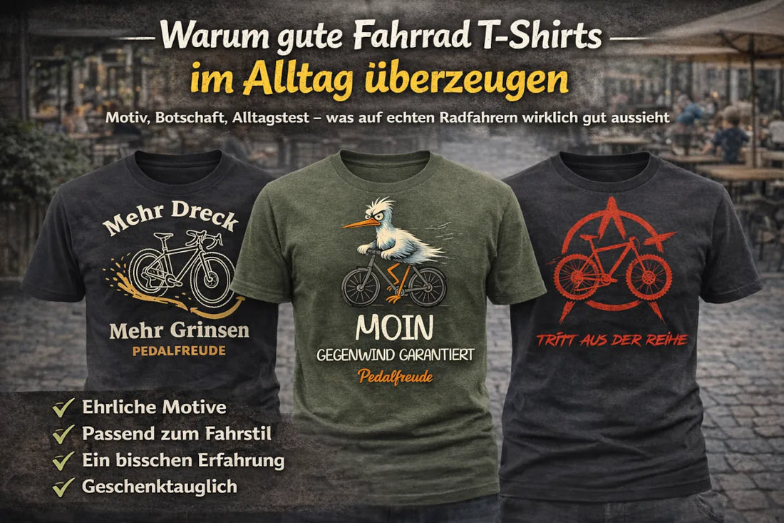 Drei Fahrrad-T-Shirts mit Pedalfreude-Motiven (Mehr Dreck, Moin Gegenwind, Tritt aus der Reihe) vor urbaner Café-Kulisse – Hero-Bild zum Thema ehrliche, alltagstaugliche Bike-Designs.