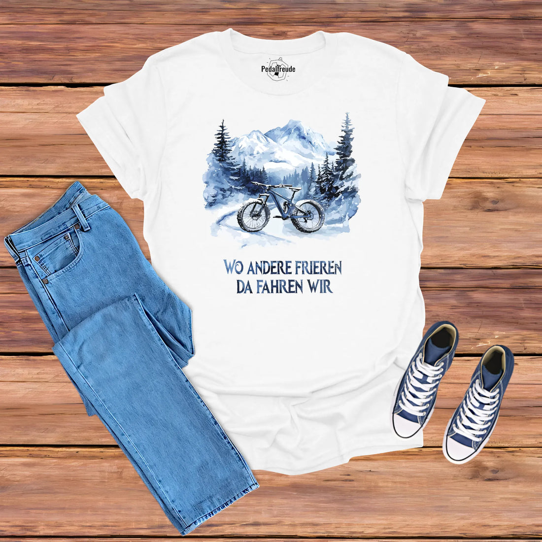 Winter Fahrrad T-Shirt mit MTB-Motiv und Schriftzug „Wo andere frieren, da fahren wir“
