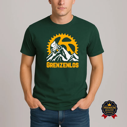 Grenzenlos T-Shirt – MTB Design mit Berglandschaft und Zahnkranz