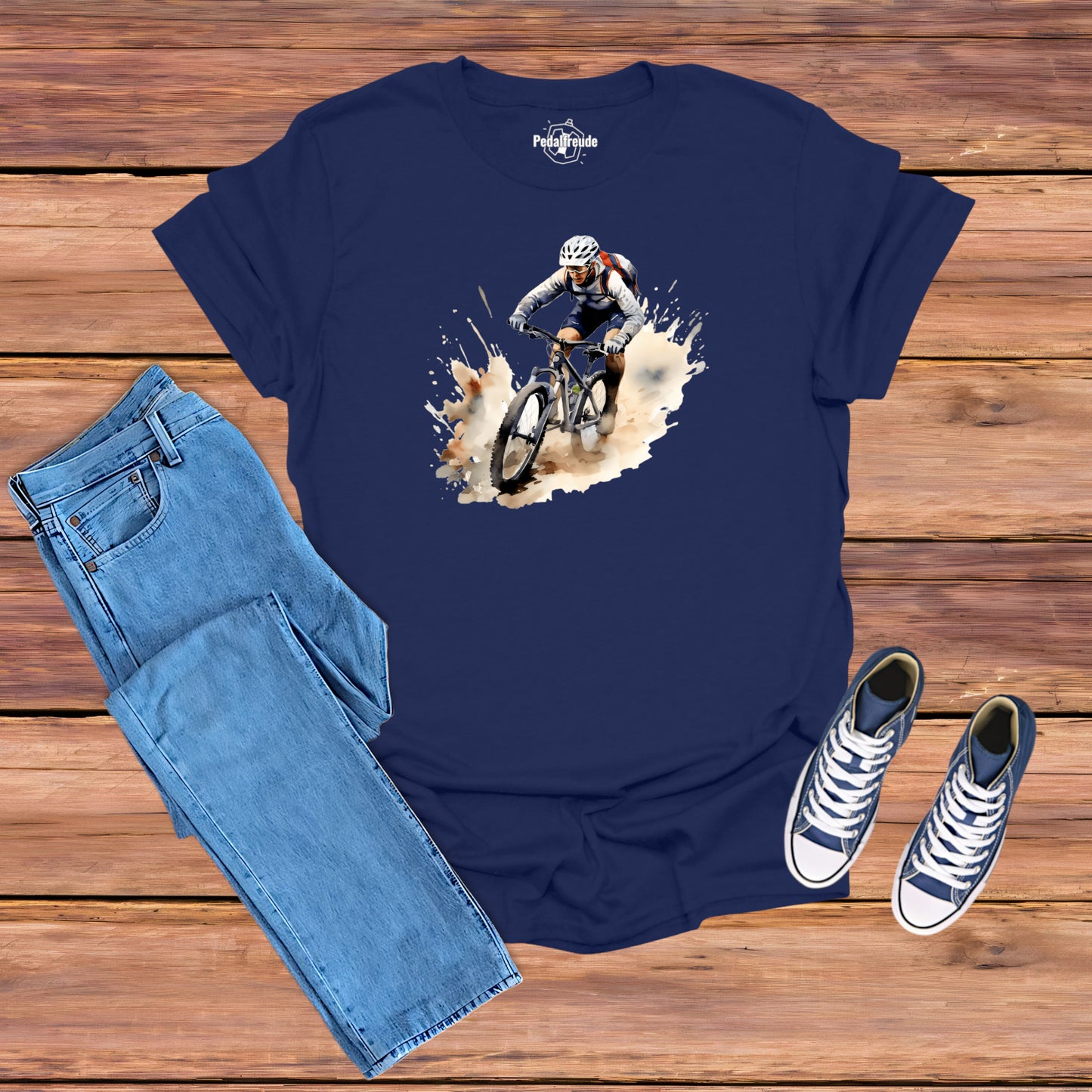 Mountainbiker in action auf blaues T-Shirt – Perfekt für Radfahrer und Outdoor-Liebhaber