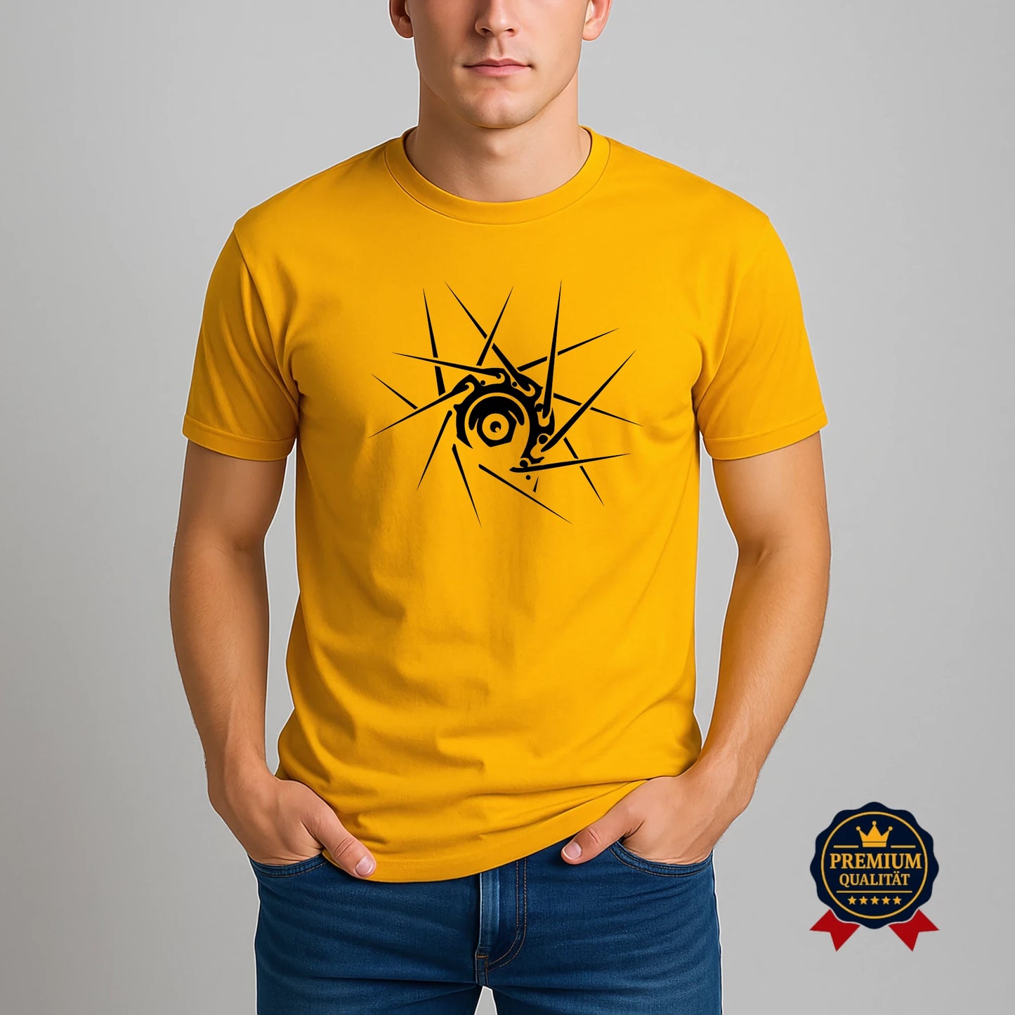 Mann trägt gelbes Pedalfreude T-Shirt mit schwarzem Nabenkern-Design, Premium Qualität, Studioaufnahme