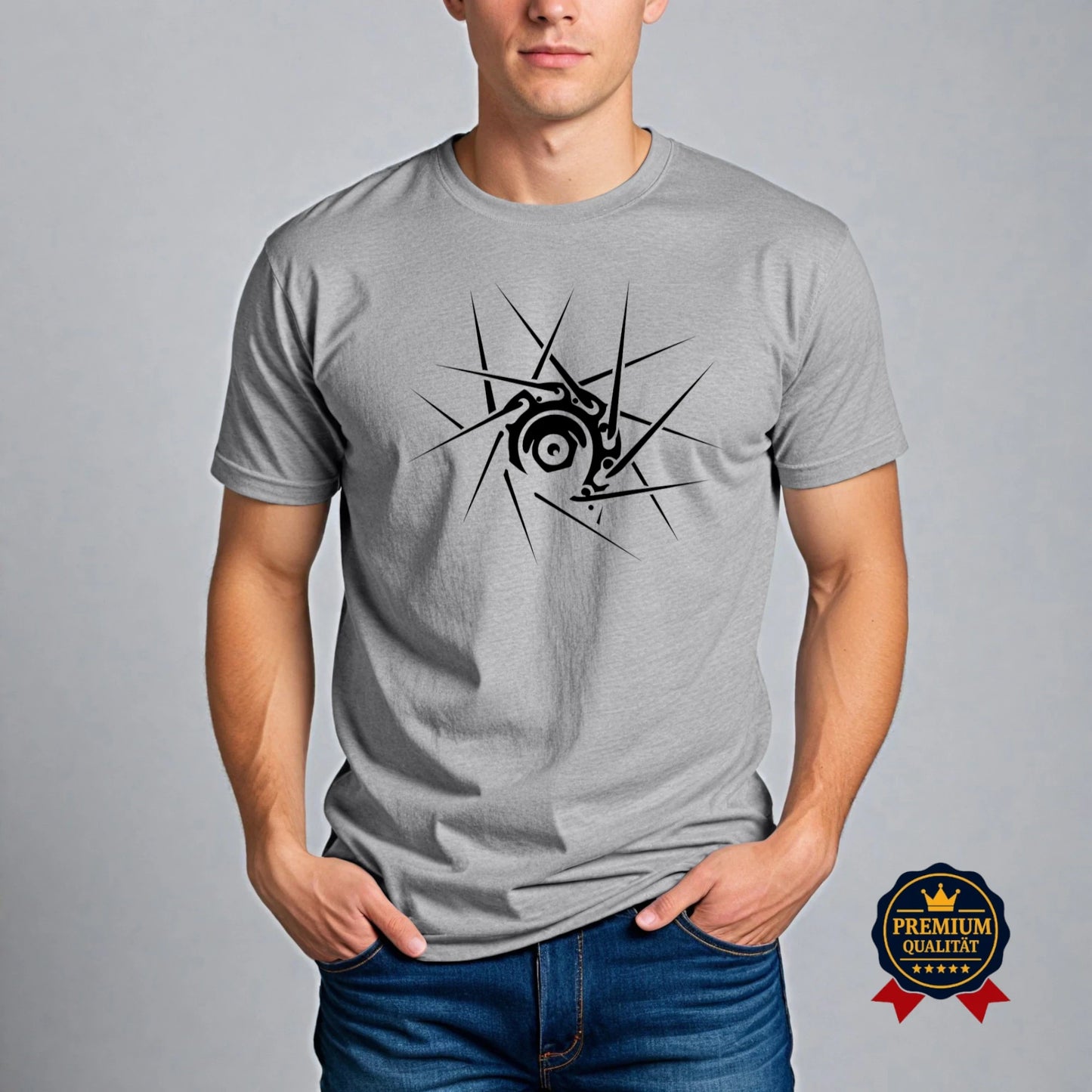 Mann trägt graues Pedalfreude T-Shirt mit schwarzem Nabenkern-Design, Premium Qualität, Studioaufnahme