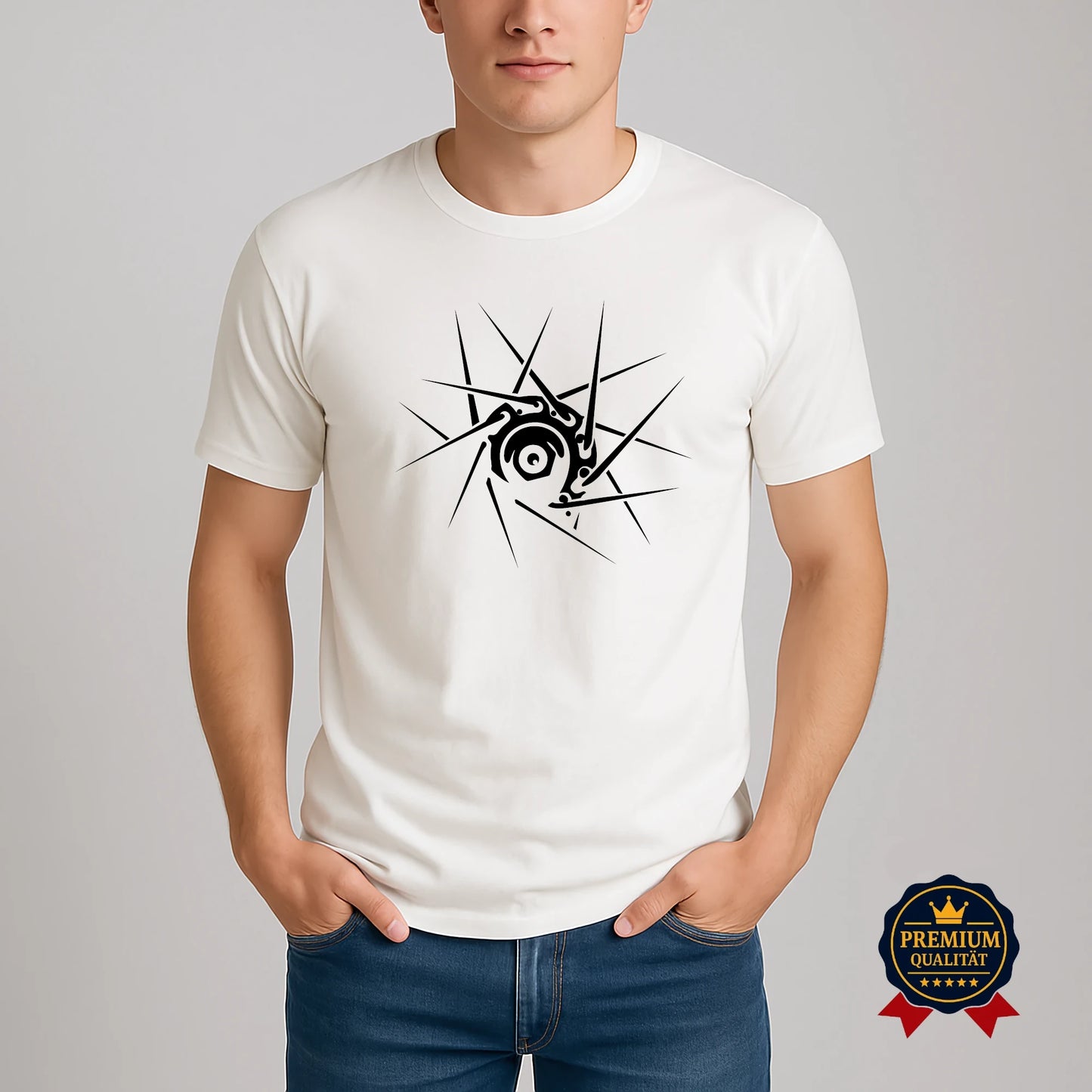 Mann trägt Vintage White Pedalfreude T-Shirt mit schwarzem Nabenkern-Design, Premium Qualität, Studioaufnahme
