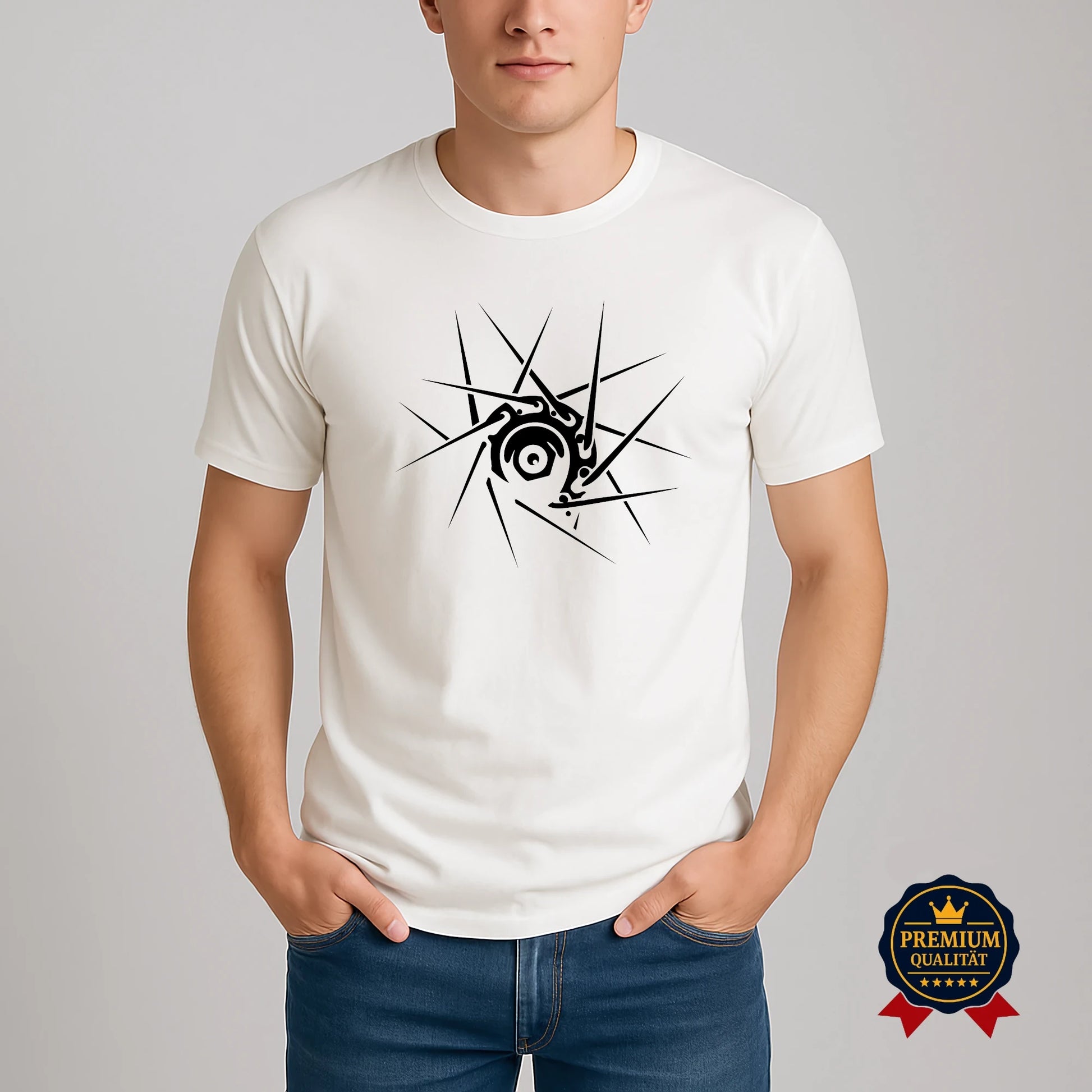 Mann trägt Vintage White Pedalfreude T-Shirt mit schwarzem Nabenkern-Design, Premium Qualität, Studioaufnahme