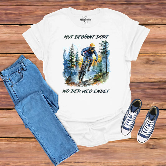 Mut beginnt dort, wo der Weg endet – MTB T-Shirt | Weiß, Gelb & Blue Soul