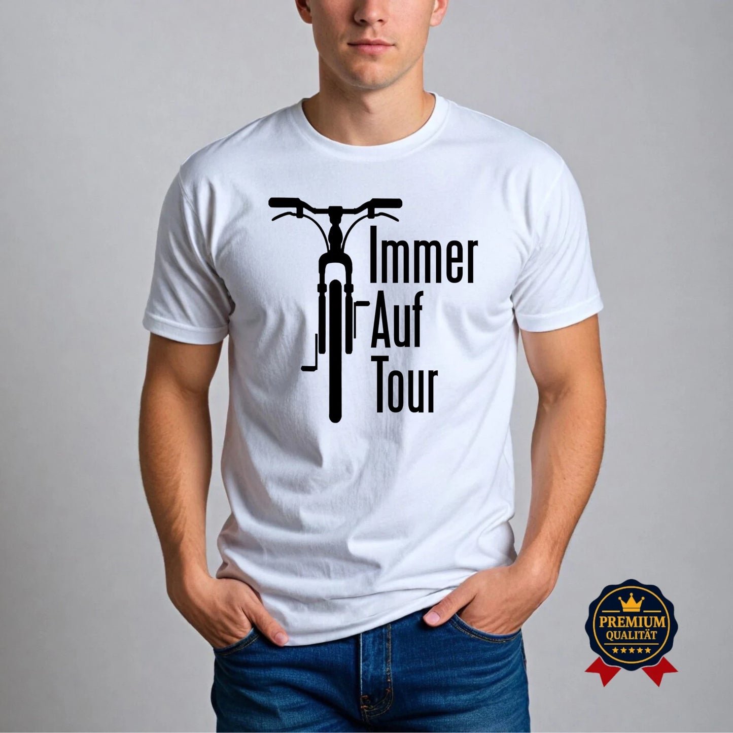 Immer Auf Tour – Fahrrad T-Shirt in Gelb, Grau & Weiß für Radfahrer