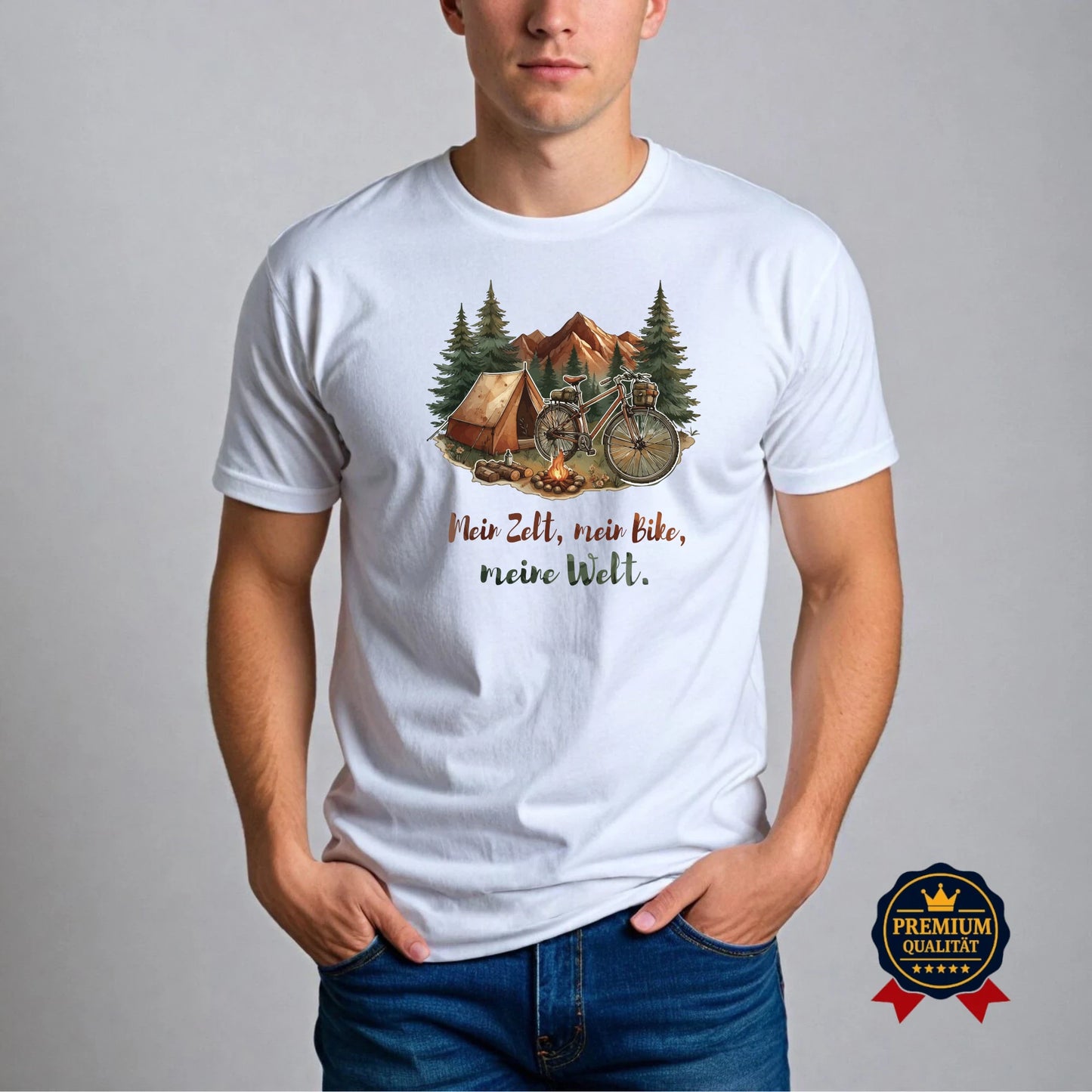 Mein Zelt, mein Bike, meine Welt – Fahrrad T-Shirt in Weiß | Outdoor & Natur