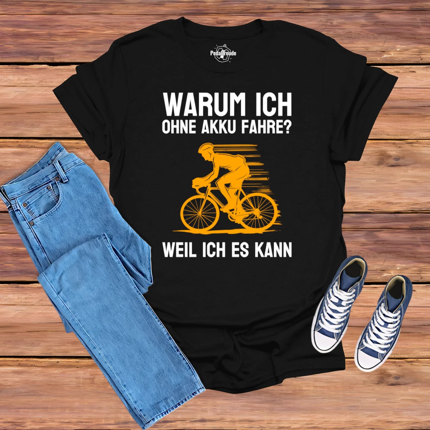 Warum ich ohne Akku fahre? – Fahrrad T-Shirt für Puristen