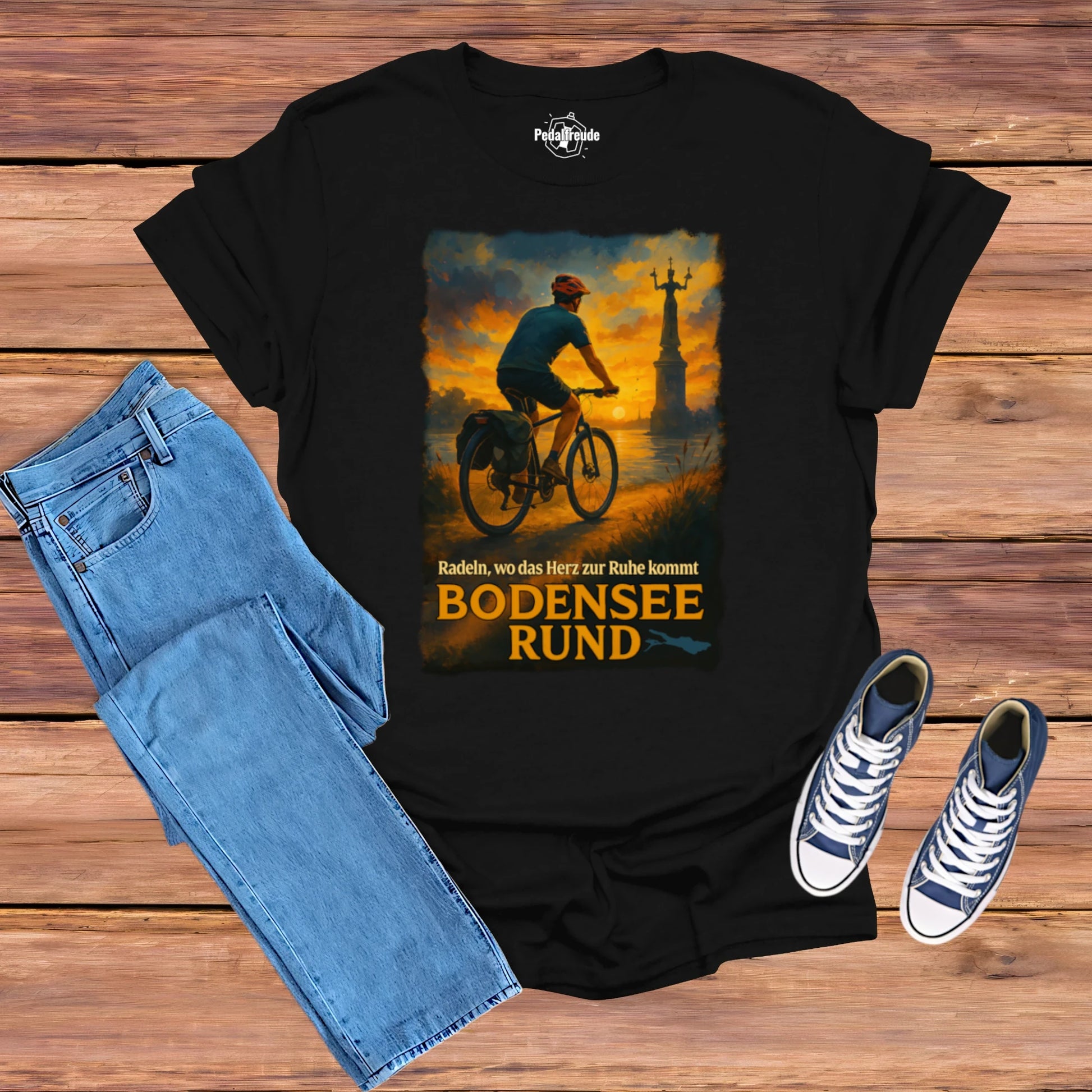 T-Shirt mit Radfahrer-Motiv bei Sonnenuntergang am Bodensee – Bodensee Rund Design auf schwarzem Shirt
