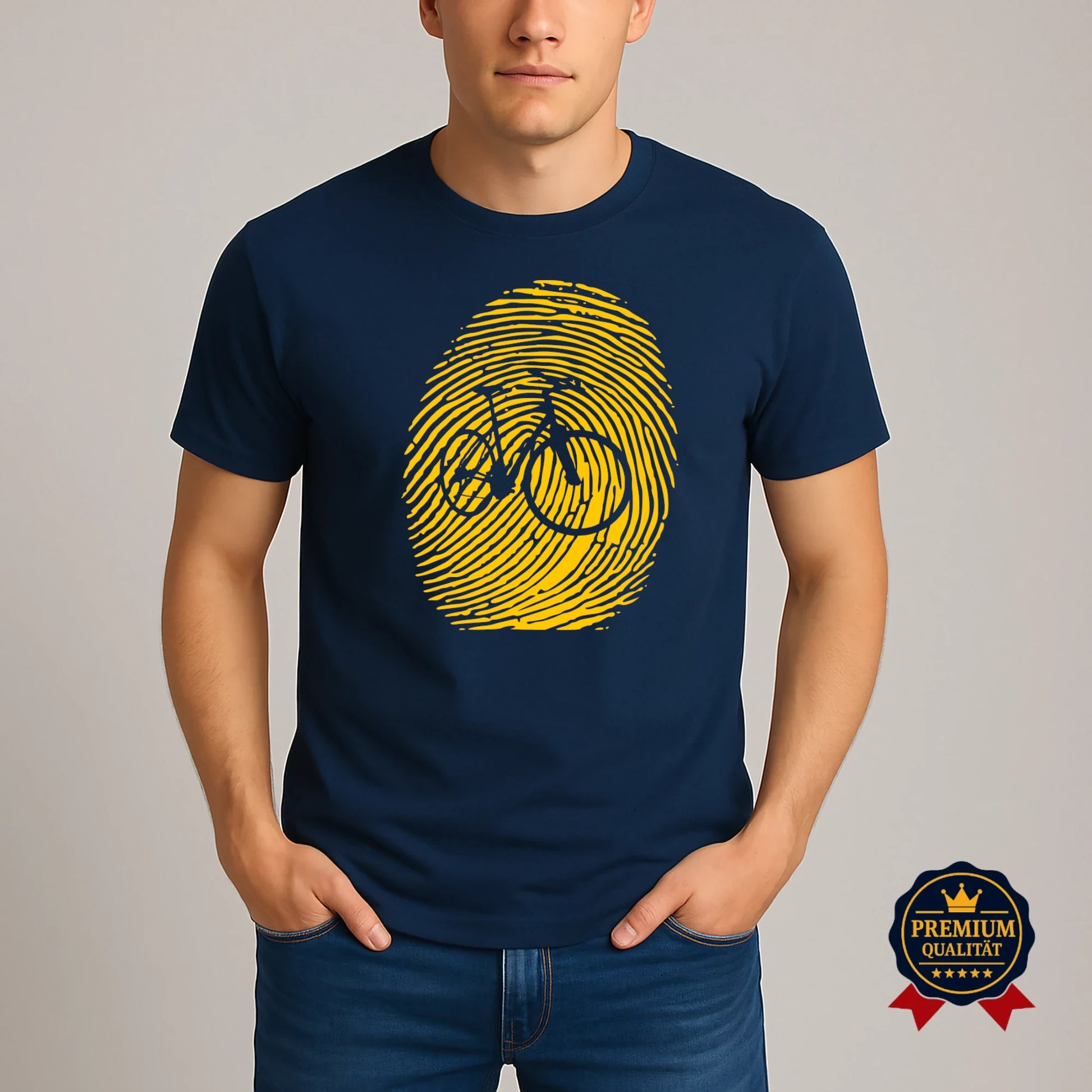 Dunkelblaues T-Shirt mit gelbem Fingerabdruck und Fahrraddesign – getragen von einem Mann. Premium Qualität für Fahrradliebhaber und Urban Style.