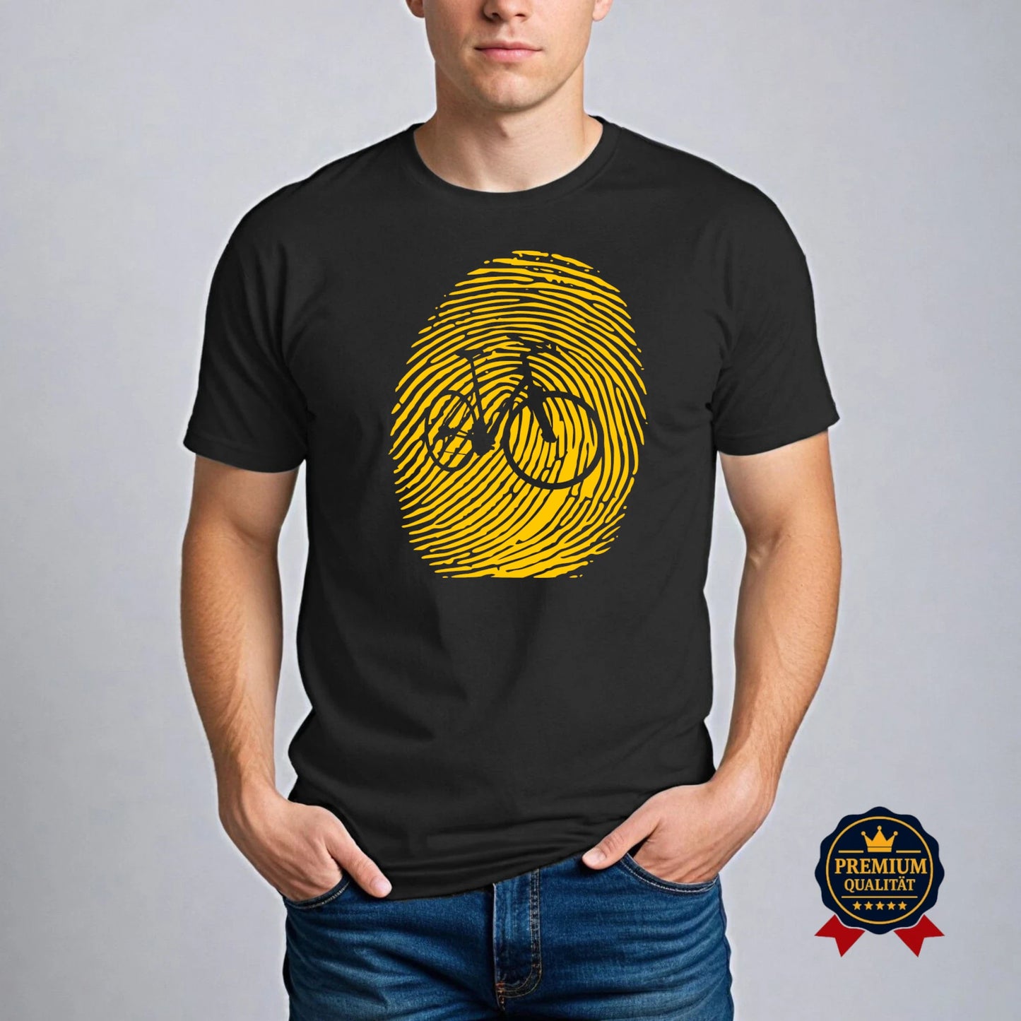 Schwarzes T-Shirt mit gelbem Fingerabdruck und Fahrraddesign – getragen von einem Mann. Premium Qualität für Fahrradliebhaber und Urban Style.