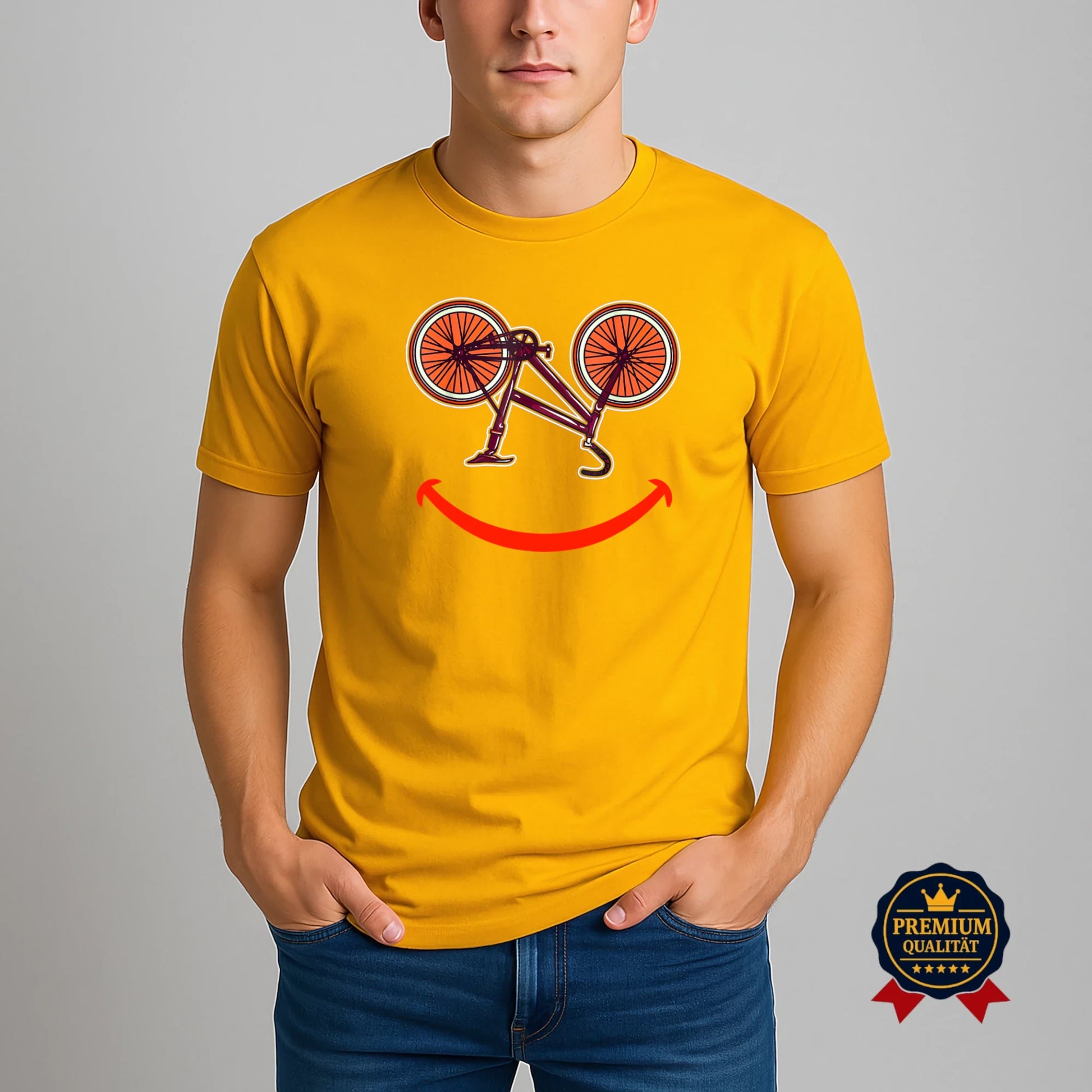 Gelbes Fahrrad T-Shirt mit Smiley-Design – auffällig, verspielt und perfekt für sonnige Radtage.
