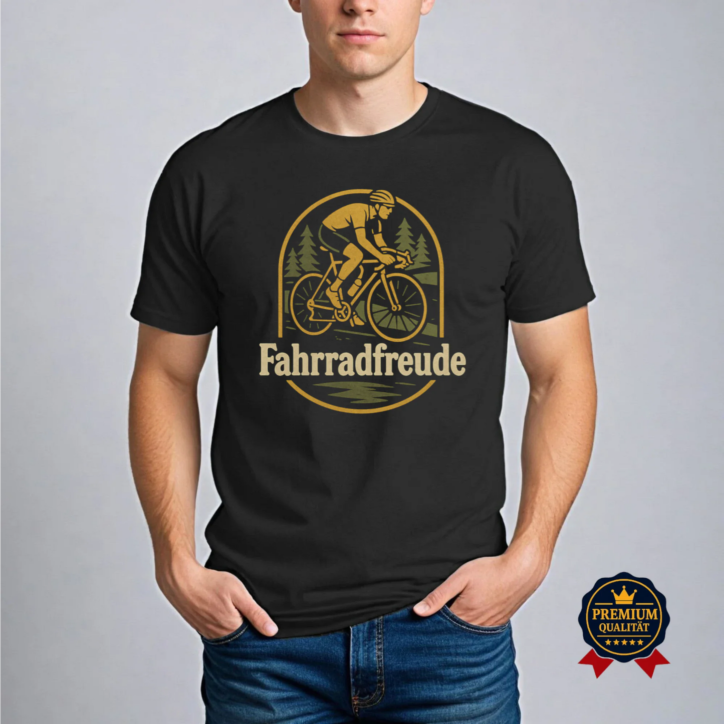 Schwarzes Fahrradfreude T-Shirt aus Bio-Baumwolle mit goldenem Radfahrer-Motiv, getragen von Model – nachhaltige Premium-Qualität von Pedalfreude.