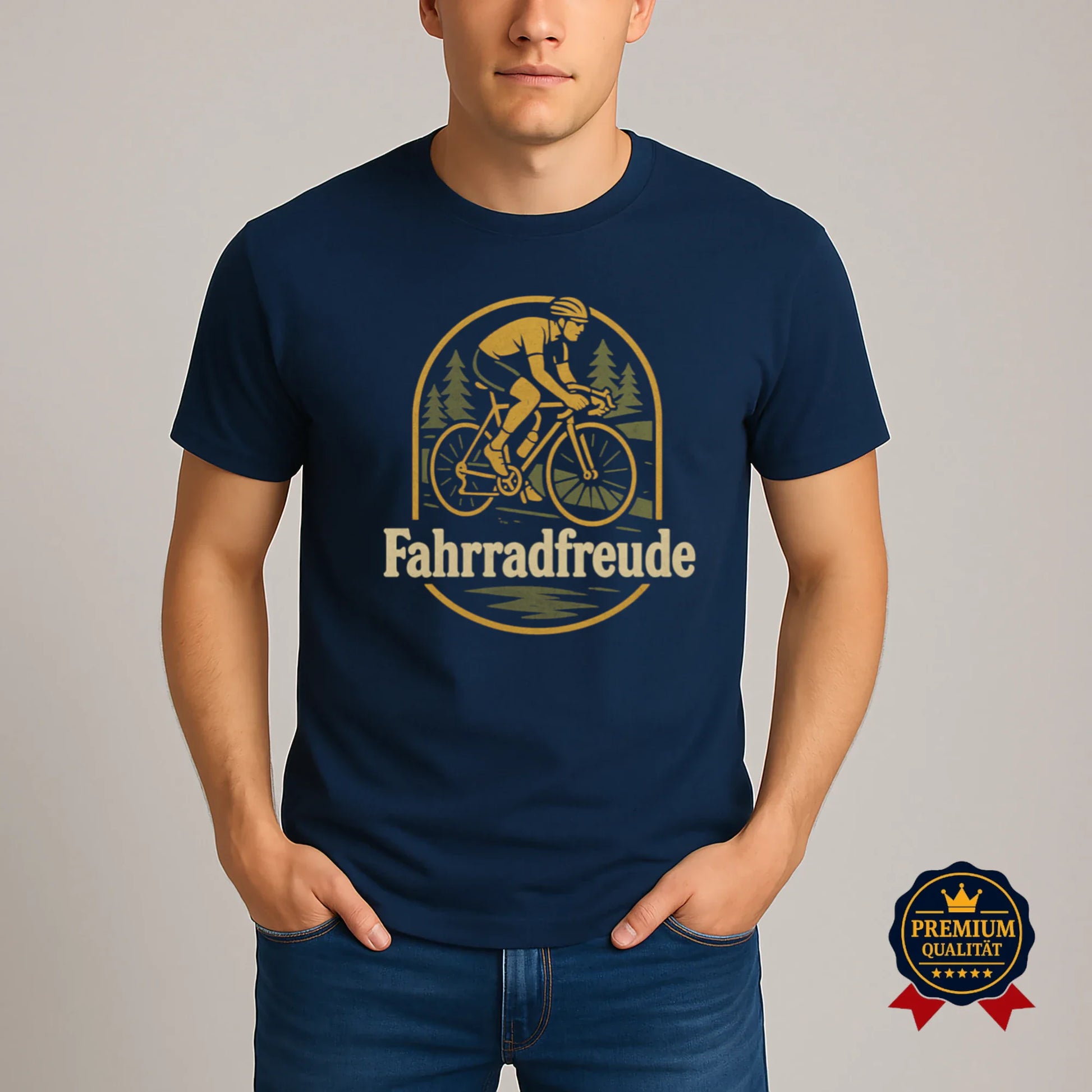 Dunkelblaues Fahrradfreude T-Shirt aus Bio-Baumwolle mit goldenem Radfahrer-Motiv, getragen von Model – nachhaltige Premium-Qualität von Pedalfreude.