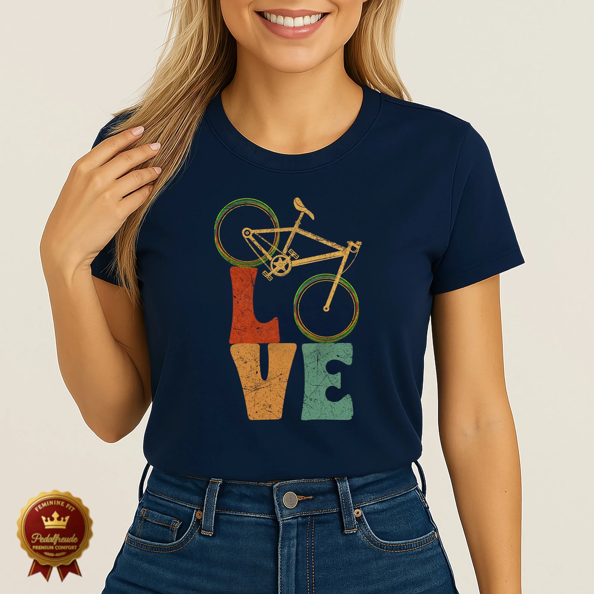 Dunkelblaues Damen T-Shirt mit Vintage-Design „LOVE“ und integriertem Fahrrad – stilvoll, cool und radverliebt