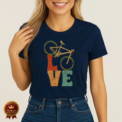 Dunkelblaues Damen T-Shirt mit Vintage-Design „LOVE“ und integriertem Fahrrad – stilvoll, cool und radverliebt