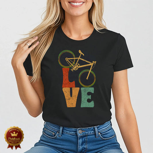 Schwarzes Damen Fahrrad T-Shirt mit Retro-Schriftzug „LOVE“ und Fahrrad als O – bunt, ausdrucksstark und leidenschaftlich