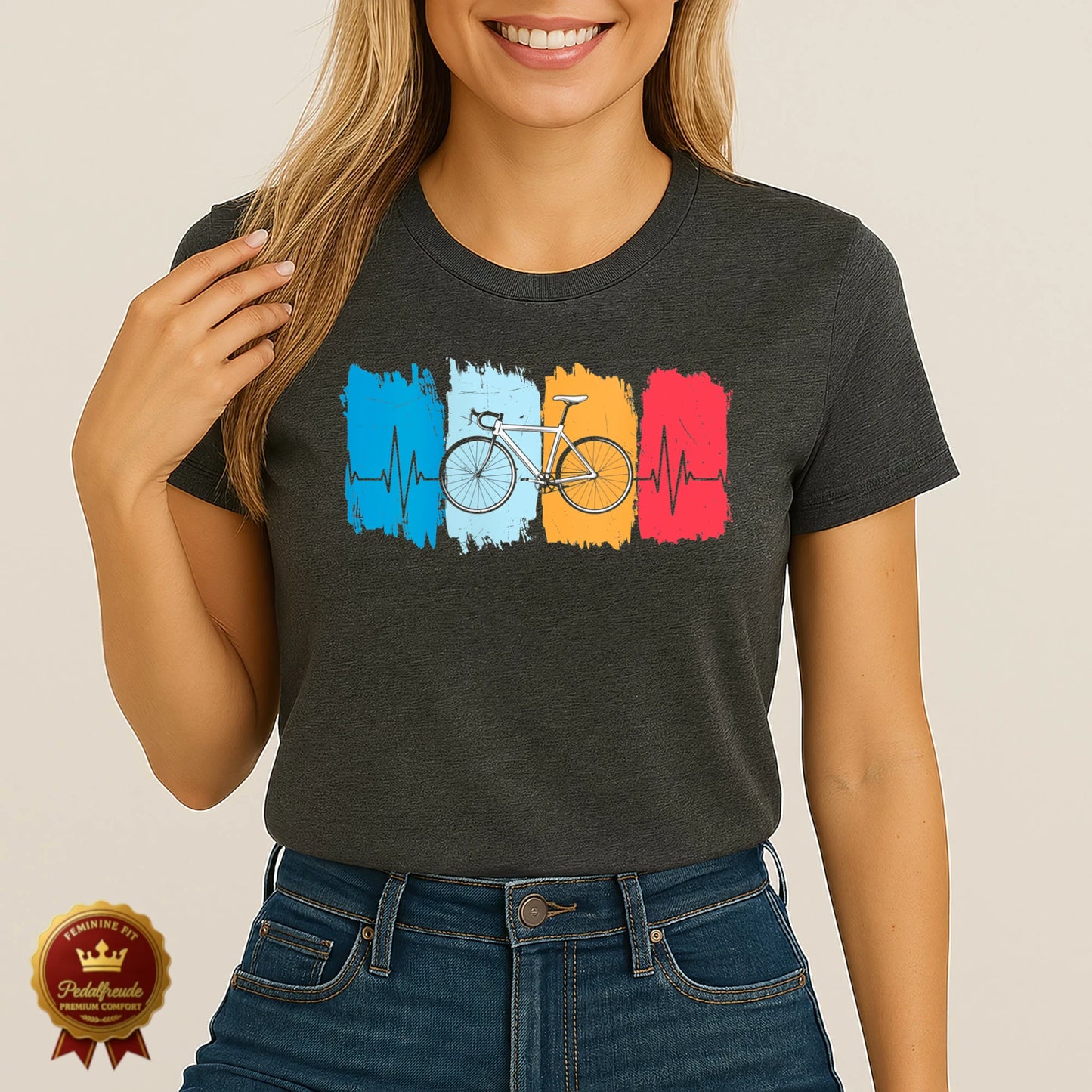 Anthrazitfarbenes Damen Fahrrad T-Shirt mit farbenfrohem Pulsschlag-Design und Rennrad – sportlich, modern und leidenschaftlich