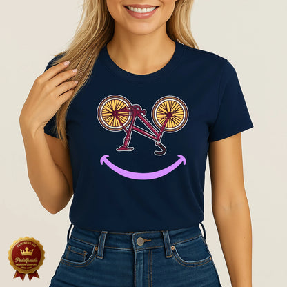 Dunkelblaues Damen T-Shirt mit witzigem Fahrrad-Smile-Design – perfekt für gut gelaunte Radfahrerinnen