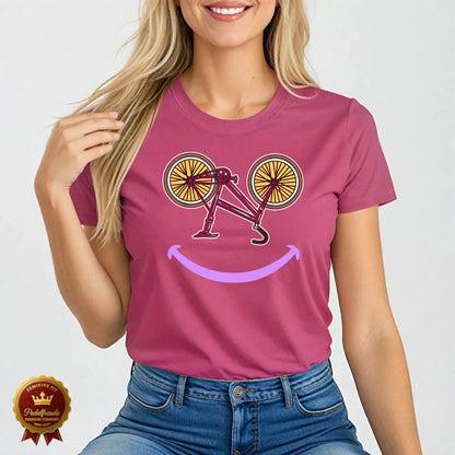 Pink Damen Fahrrad T-Shirt mit charmantem Fahrrad-Smiley-Motiv – verspielt, fröhlich und feminin