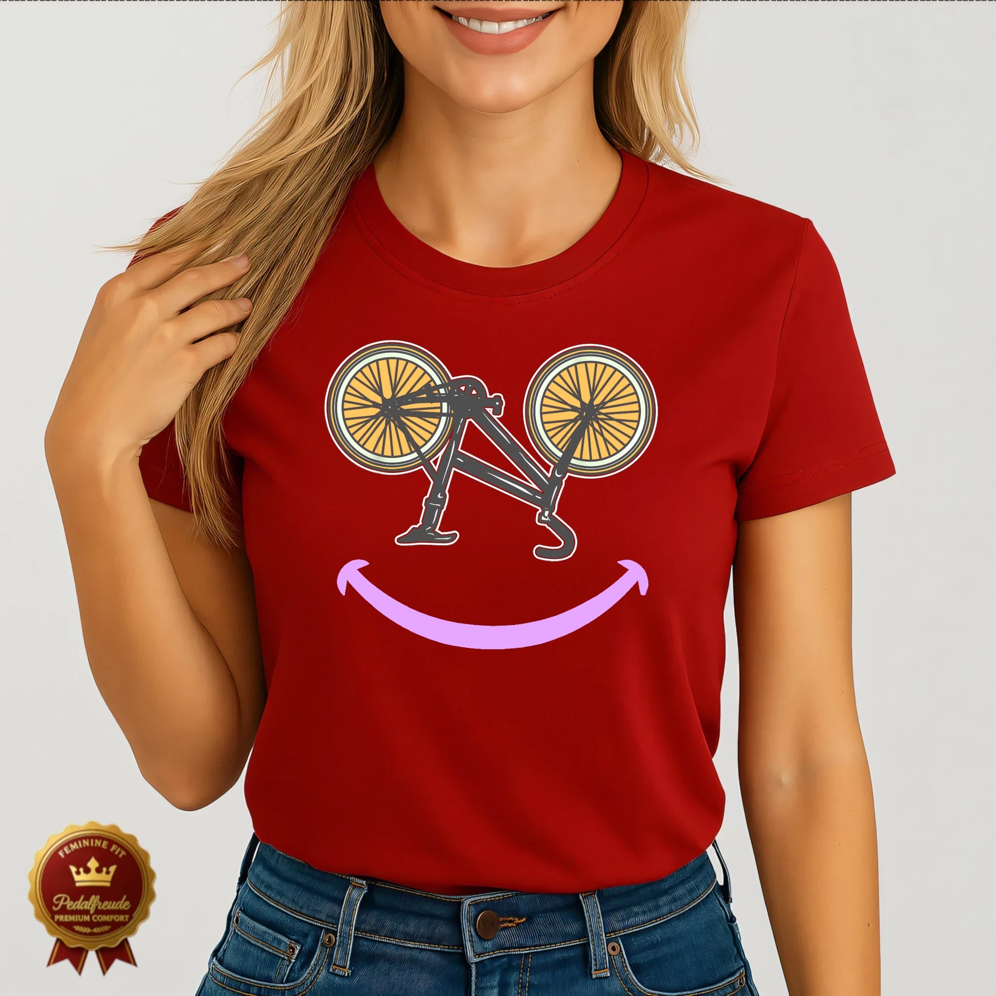Rotes Damen Fahrrad T-Shirt mit lachendem Fahrradgesicht – auffällig, kreativ und emotional positiv