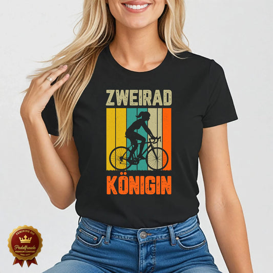 Schwarzes Damen T-Shirt mit Retro-Silhouette einer Radfahrerin und dem Statement „Zweirad Königin“ – kraftvoll, stolz und stilvoll