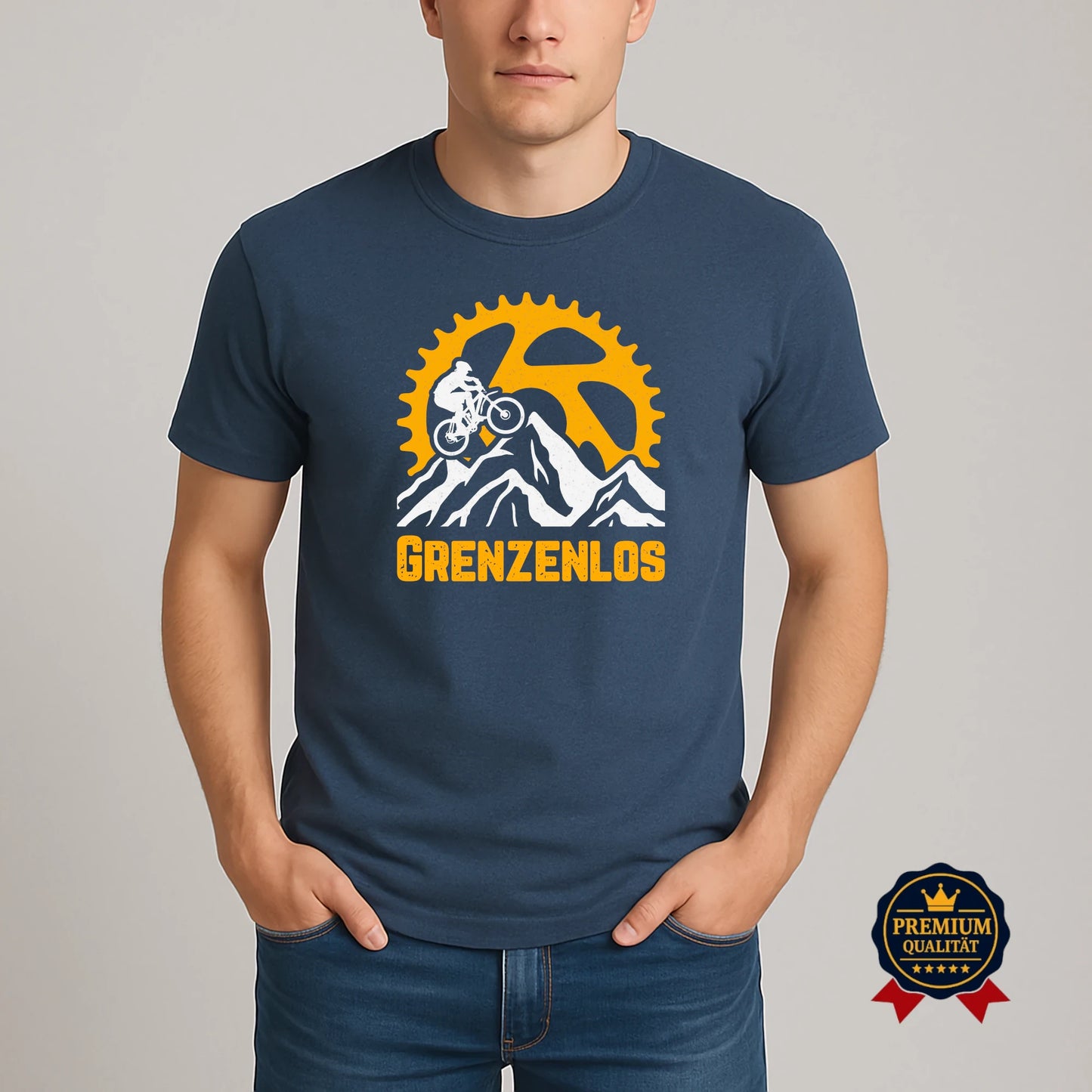 Grenzenlos T-Shirt – MTB Design mit Berglandschaft und Zahnkranz