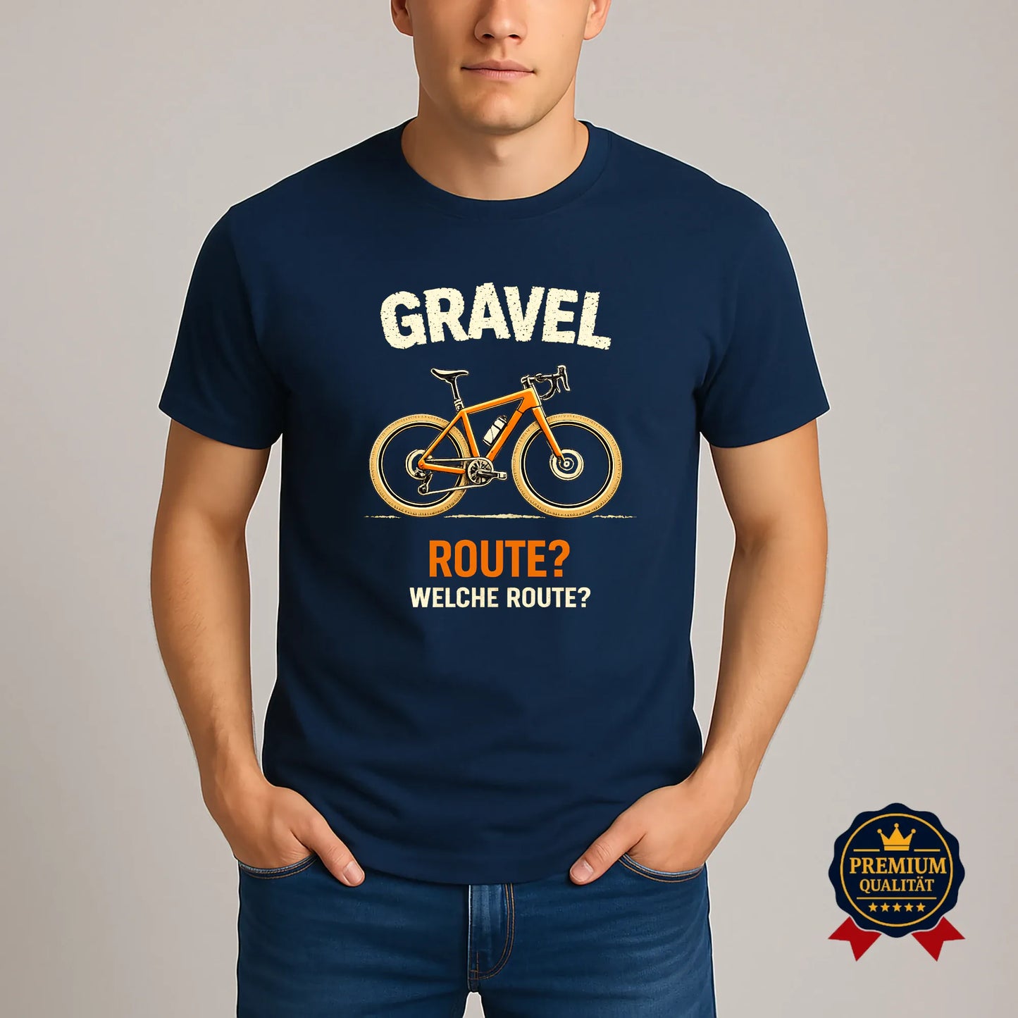 Farbvariante French Navy: Gravel T-Shirt „Route? Welche Route?“ am Model, Vorderansicht