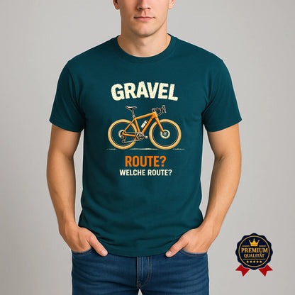 Farbvariante Stargazer: Gravel T-Shirt „Route? Welche Route?“ am Model, Vorderansicht
