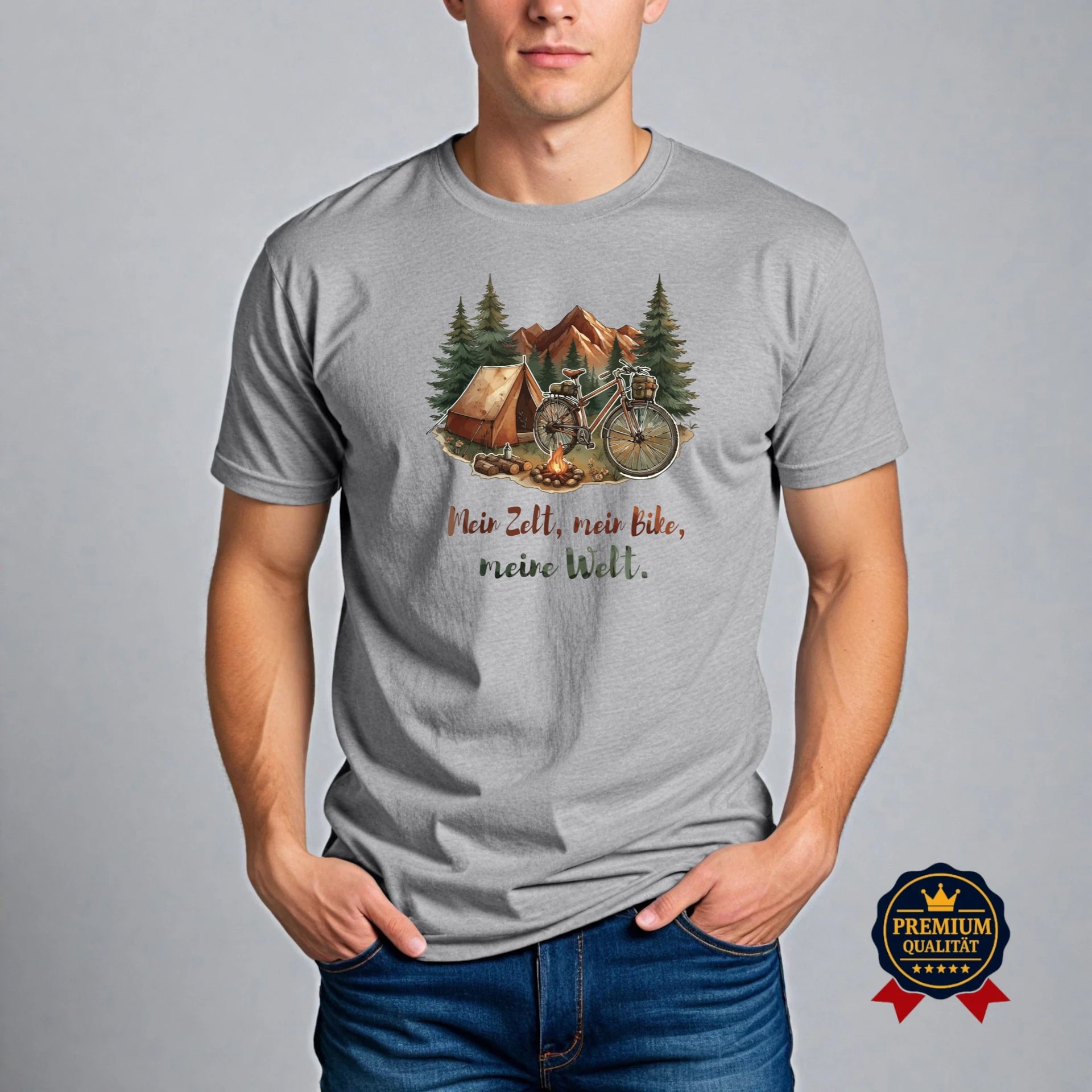 mein zelt Mein Zelt, mein Bike, meine Welt – Fahrrad T-Shirt in Grau und Weiss –  Pedalfreude