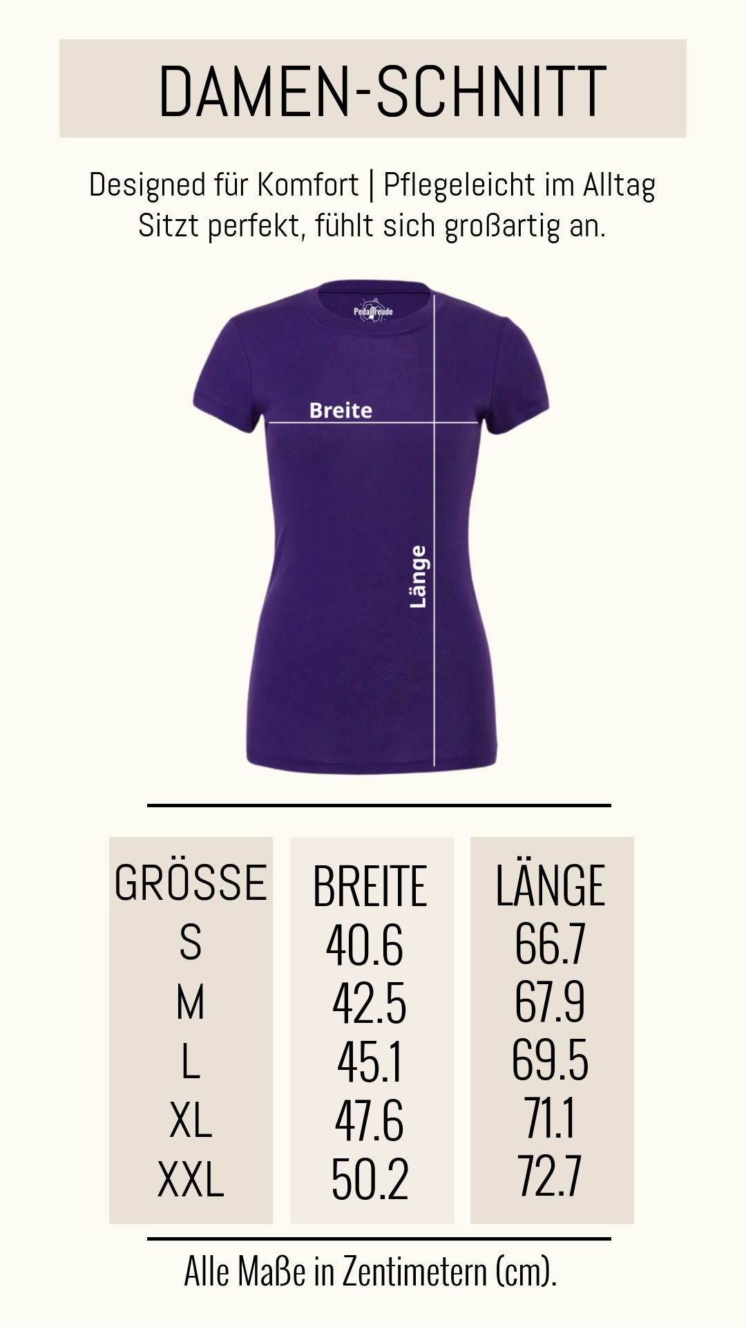Größentabelle für Damen T-Shirts – Maße in cm für S bis XXL mit Breite und Länge, ideal für perfekte Passform