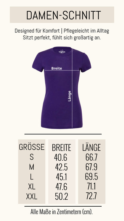 Größentabelle für Damen T-Shirts – Maße in cm für S bis XXL mit Breite und Länge, ideal für perfekte Passform