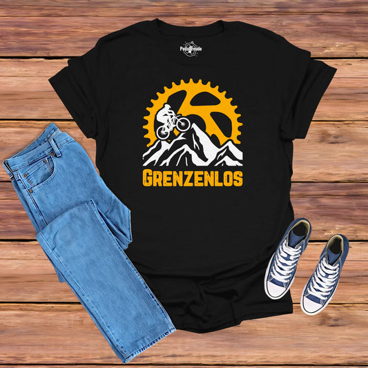 Grenzenlos T-Shirt – MTB Design mit Berglandschaft und Zahnkranz