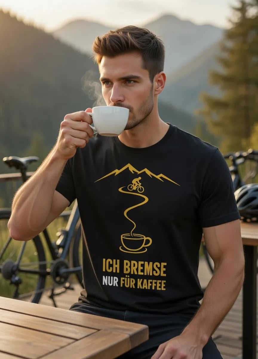 Lifestyle-Szene: Model trinkt Kaffee und trägt das Fahrrad T-Shirt „Ich bremse nur für Kaffee“ beim Café-Stop im Freien
