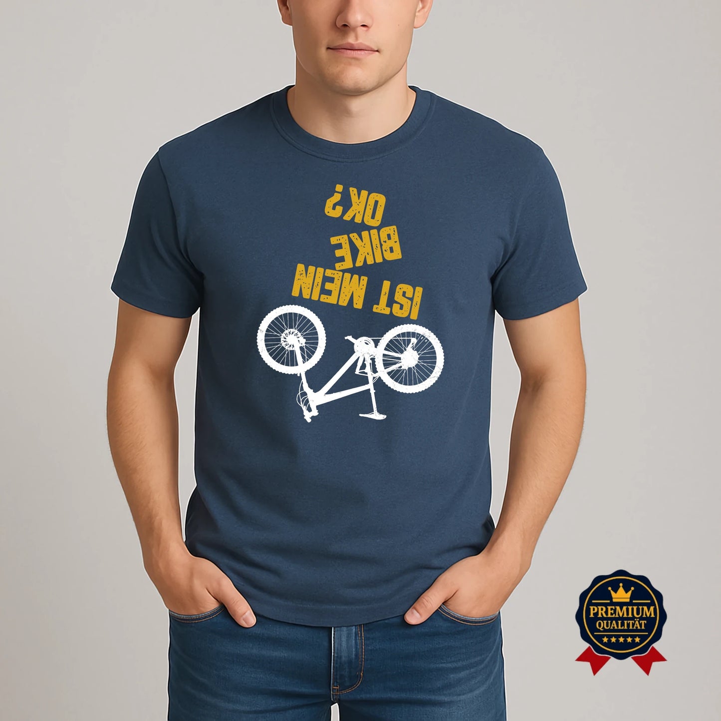 Navyblaues „Ist mein Bike OK?“ T-Shirt für Radfahrer mit Humor