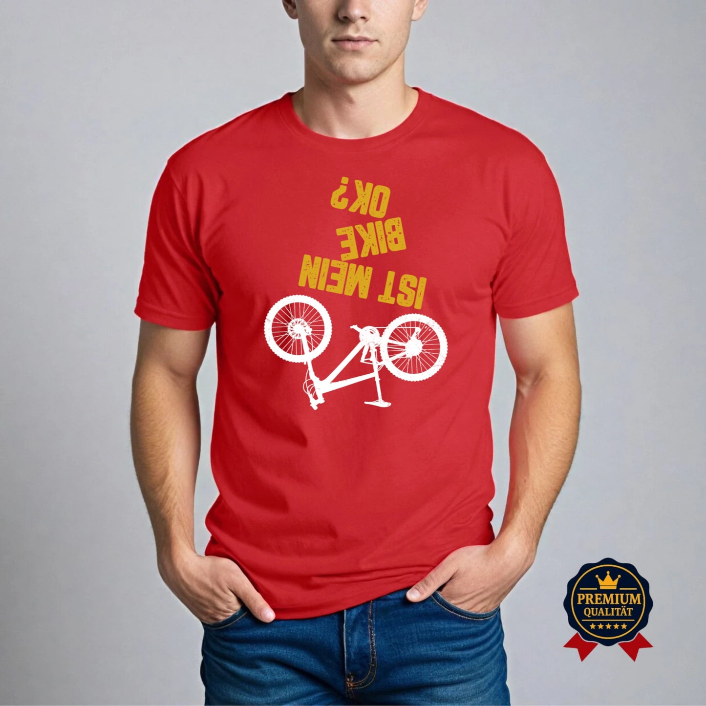 Rotes „Ist mein Bike OK?“ T-Shirt für Radfahrer mit Humor